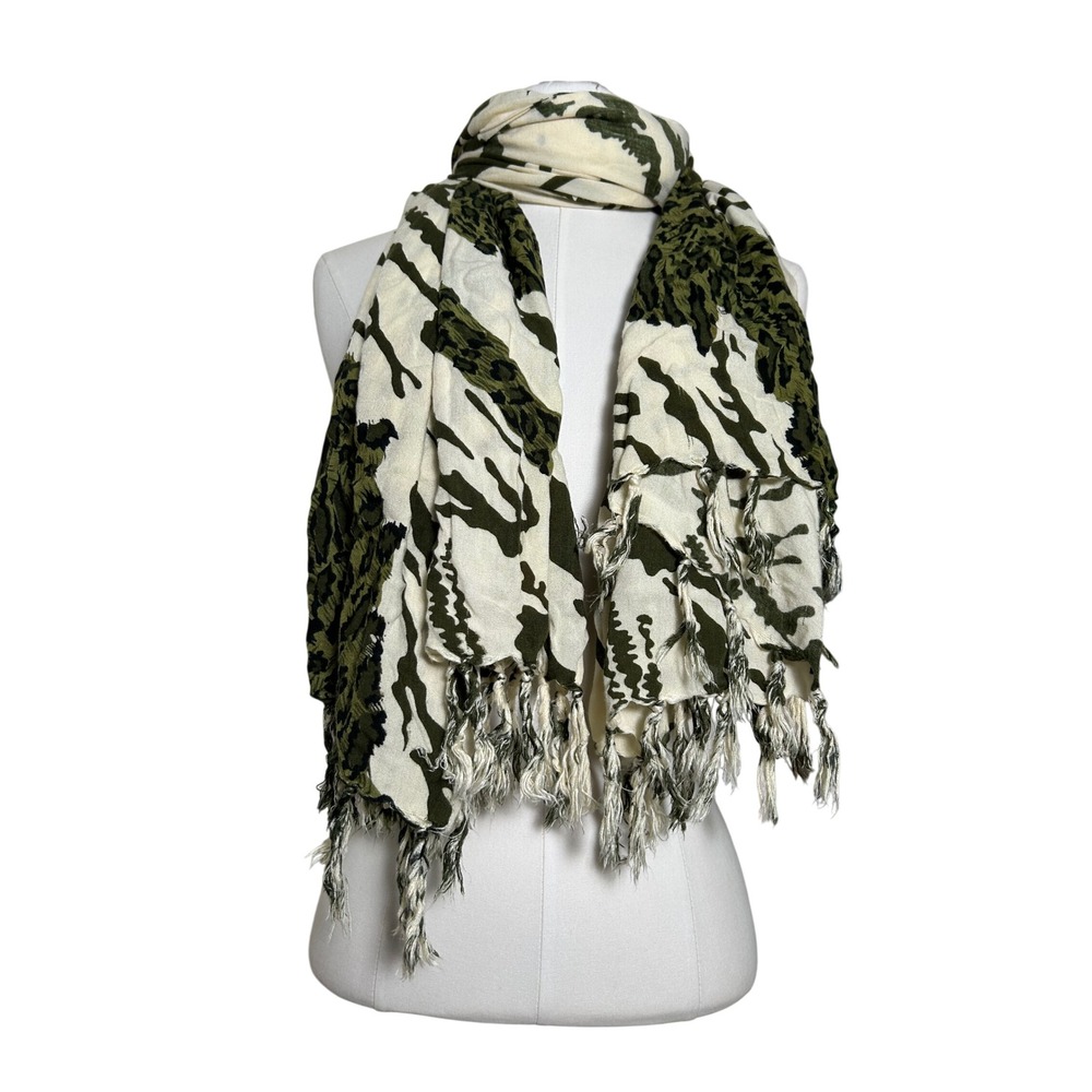 Vintage Animal Print‎ Scarf Green Cream Tiger Leopard Tassel Boho Festival Chic